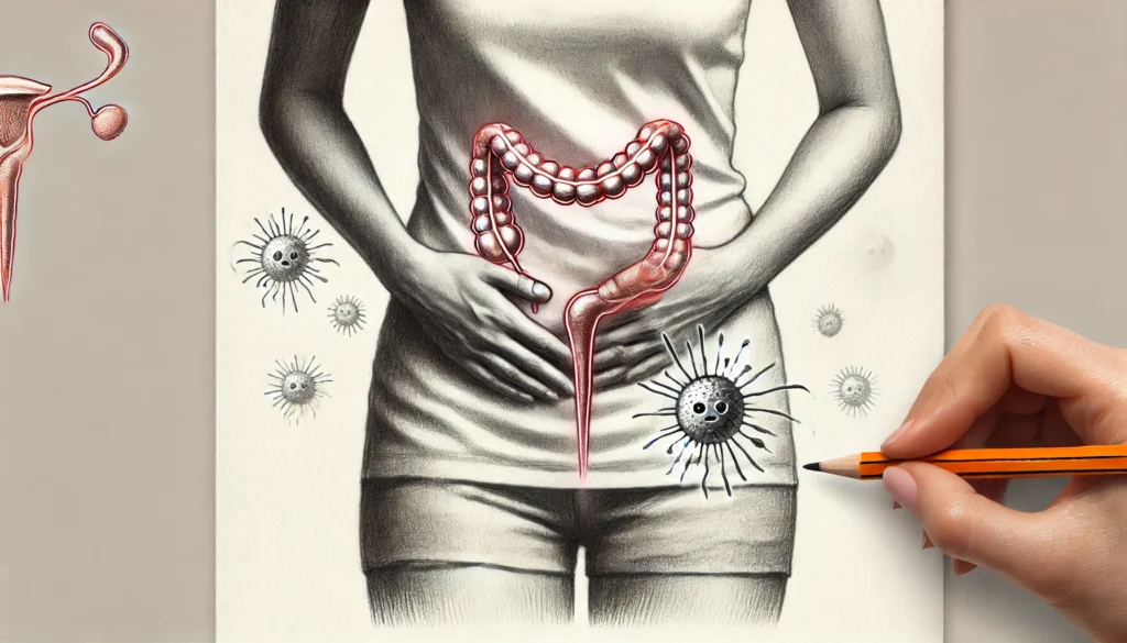 A pencil drawing of a female experiencing discomfort, holding her lower abdomen. Her face shows a look of pain or unease. Around her lower abdomen are
